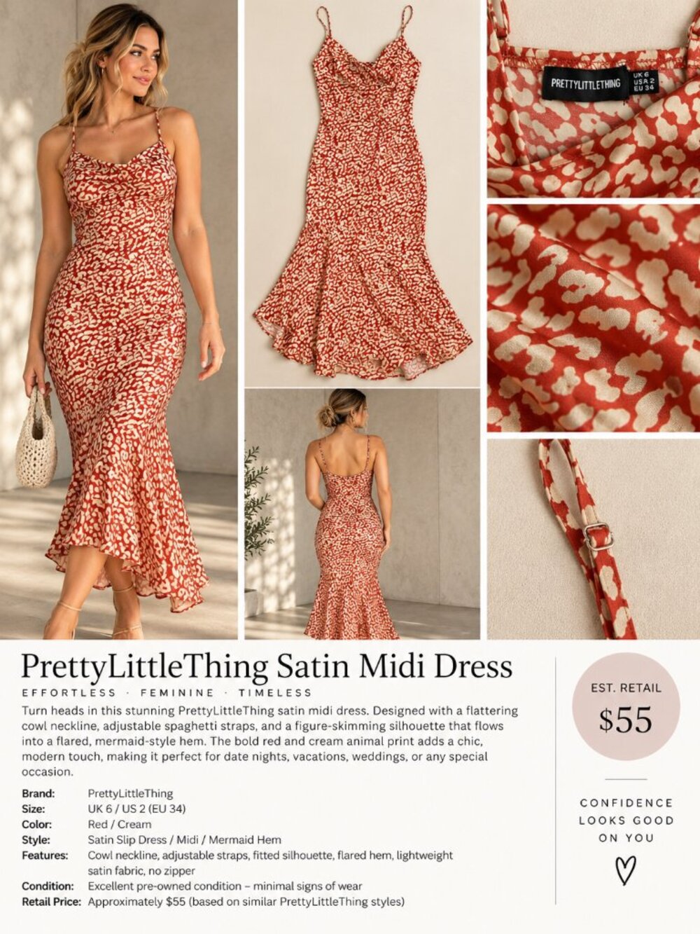 PRETTYLITTLETHING RED & CREAM ANIMAL PRINT SATIN MAXI DRESS – US SIZE 2